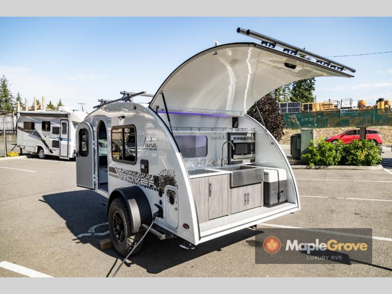 The outdoor kitchen in this inTech RV Luna Luna Rover teardrop trailer